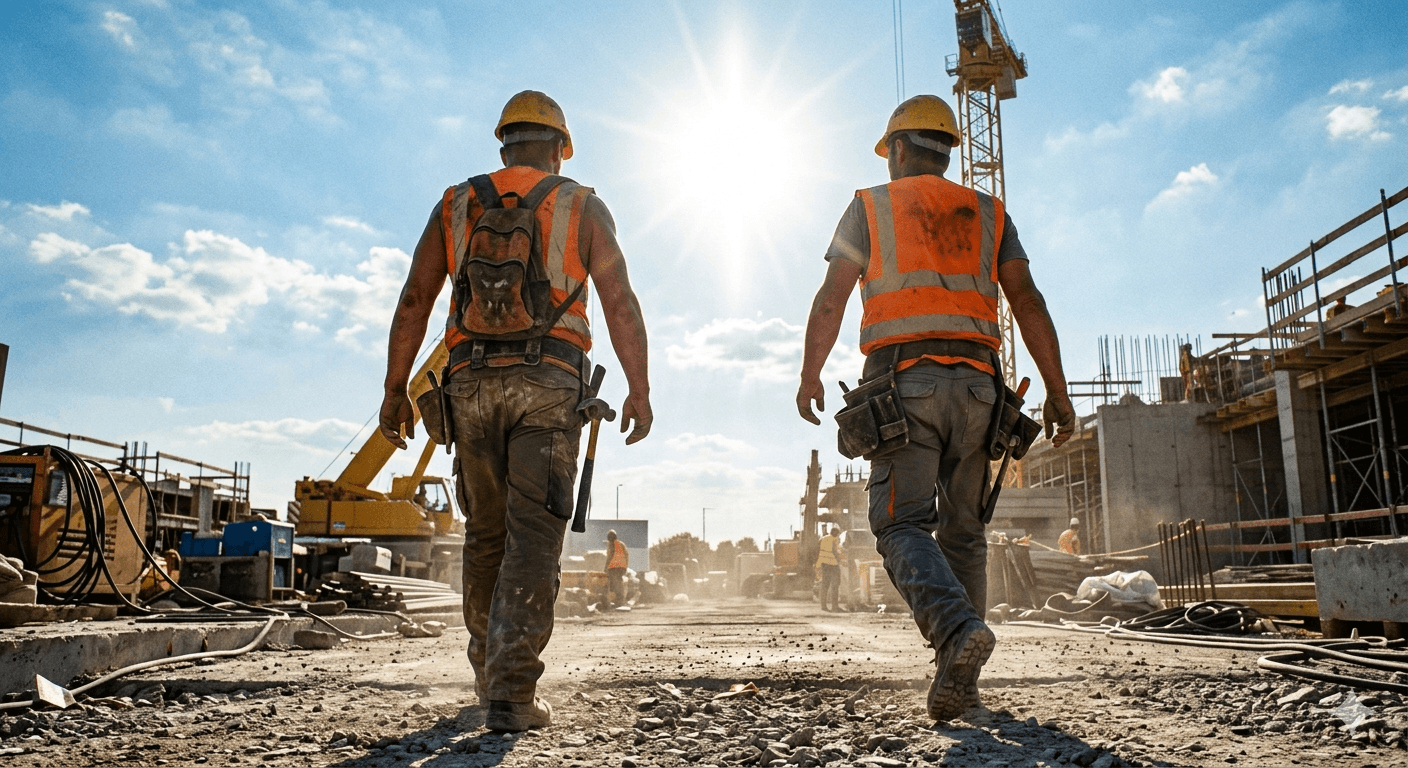 Deux techniciens BTP marchant sur chantier en pleine chaleur estivale