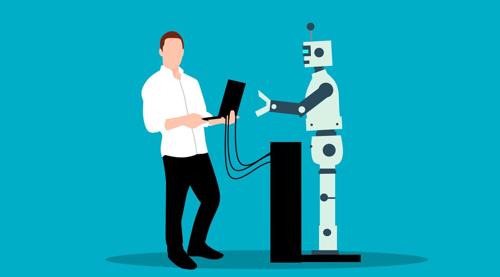 Homme tenant un ordinateur portable relié par des câbles à un robot : une IA branchée sur les outils de l'entreprise