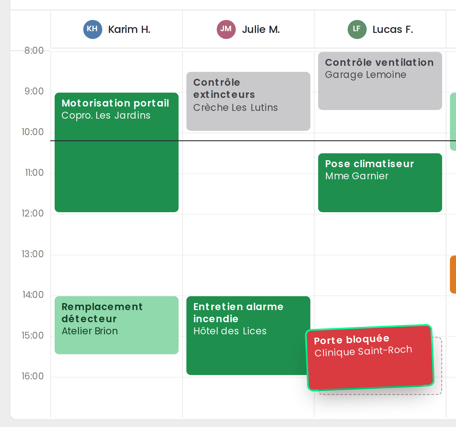 Planning journalier Reva de cinq techniciens avec la carte des interventions