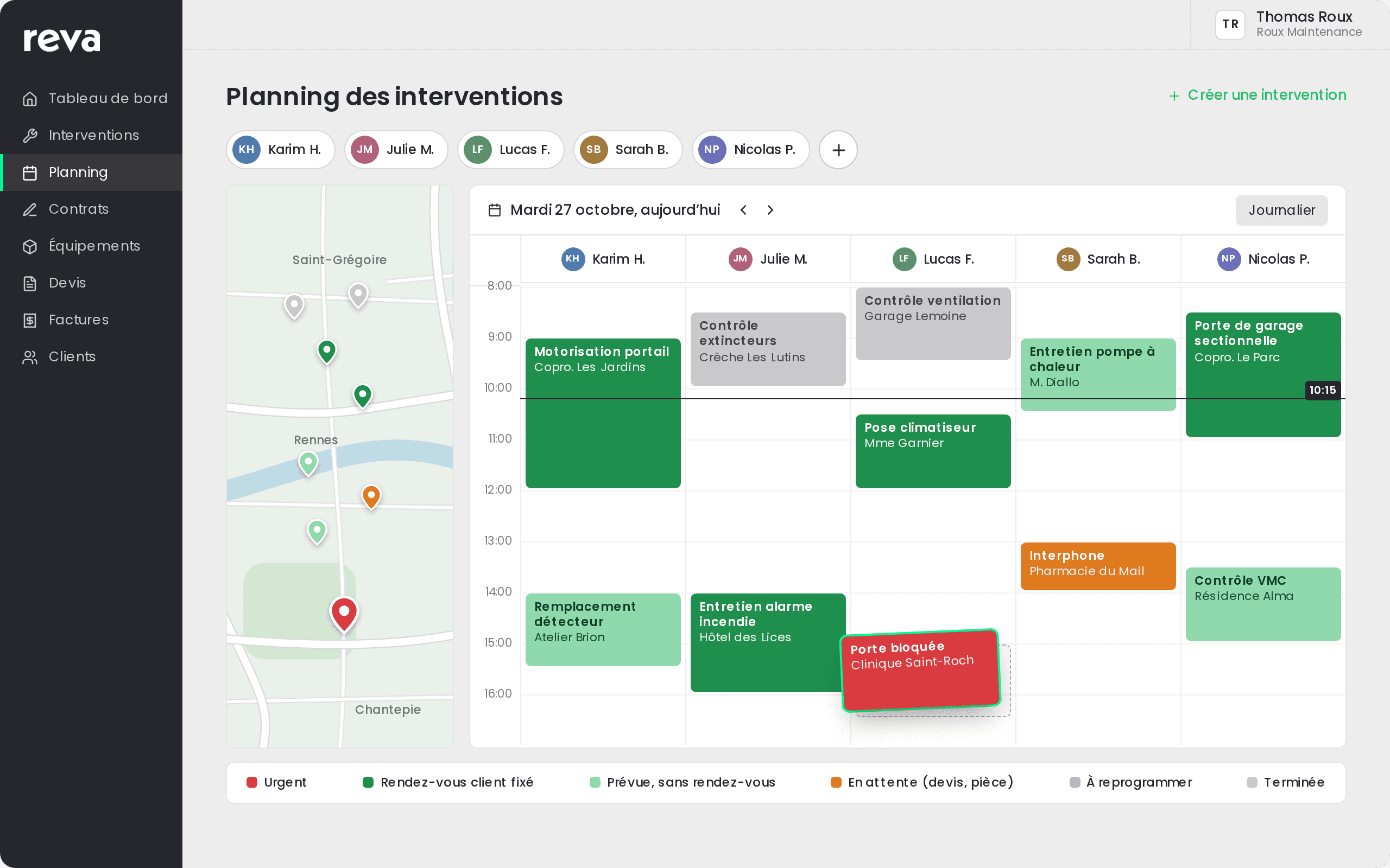 Planning journalier Reva de cinq techniciens avec la carte des interventions