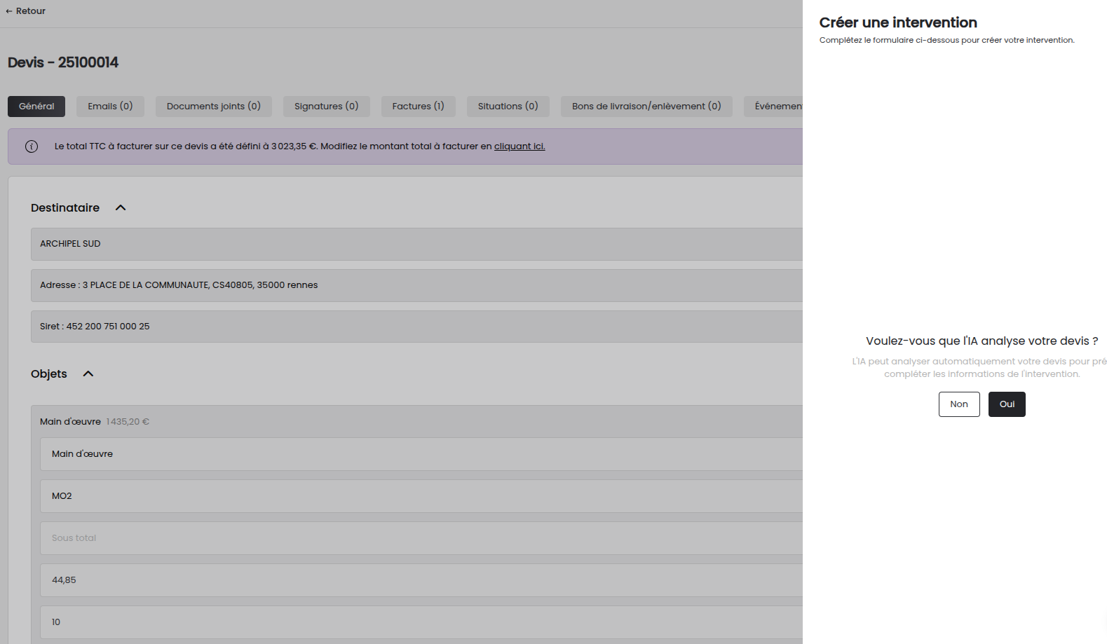 Illustration Création d'intervention depuis vos devis avec IA.
